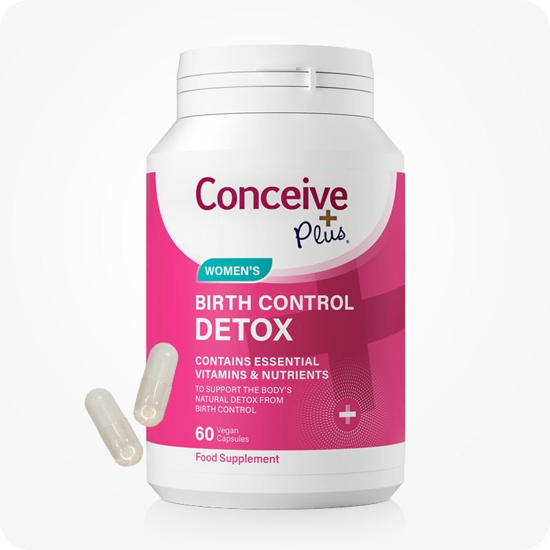 Conceive Plus Birth Control Detox supplement bottle featuring pink and white label. Includes 60 vegan capsules formulated to support body's natural detox process after stopping birth control. Two beige capsules are placed beside the bottle.