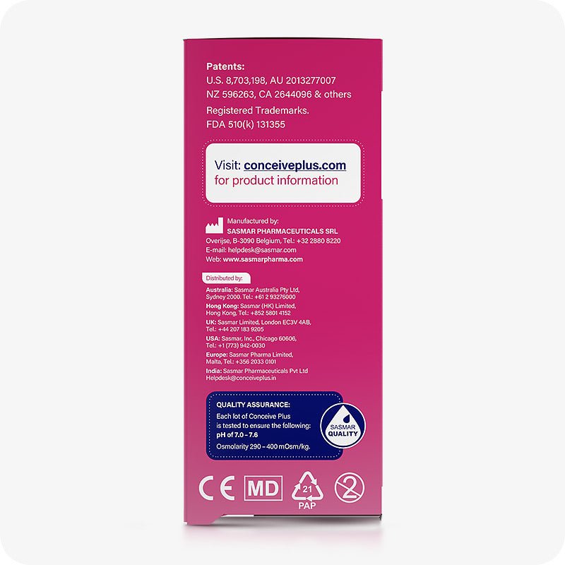 For Conceive Plus Duo Combo Fertility Lubricant Bundle, the image shows the side of the 8×4g pre-filled applicator box, highlighting manufacturing details, distributor information, and product quality standards including pH (7.0–7.6) and osmolality range, supporting safe use by couples trying to conceive.