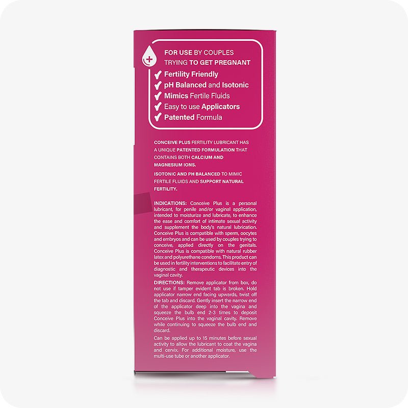 For Conceive Plus Duo Combo Fertility Lubricant Bundle, the image shows the applicator box side panel highlighting the product’s fertility-friendly, pH balanced, and isotonic formulation. It includes usage directions and emphasizes calcium and magnesium ions to support conception, with a patented formula for TTC couples.