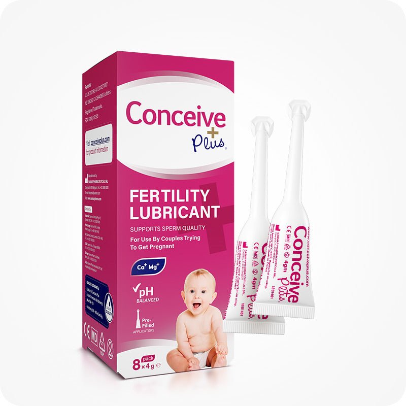 Image of Conceive Plus fertility lubricant, pre-filled applicators 8×4g box and two applicators on a white background. Pink box and white branding with highlights about sperm quality support, pH balance, Calcium and Magnesium ion content, pre-filled feature, and quantity of applicators. White applicators has pink branding.
