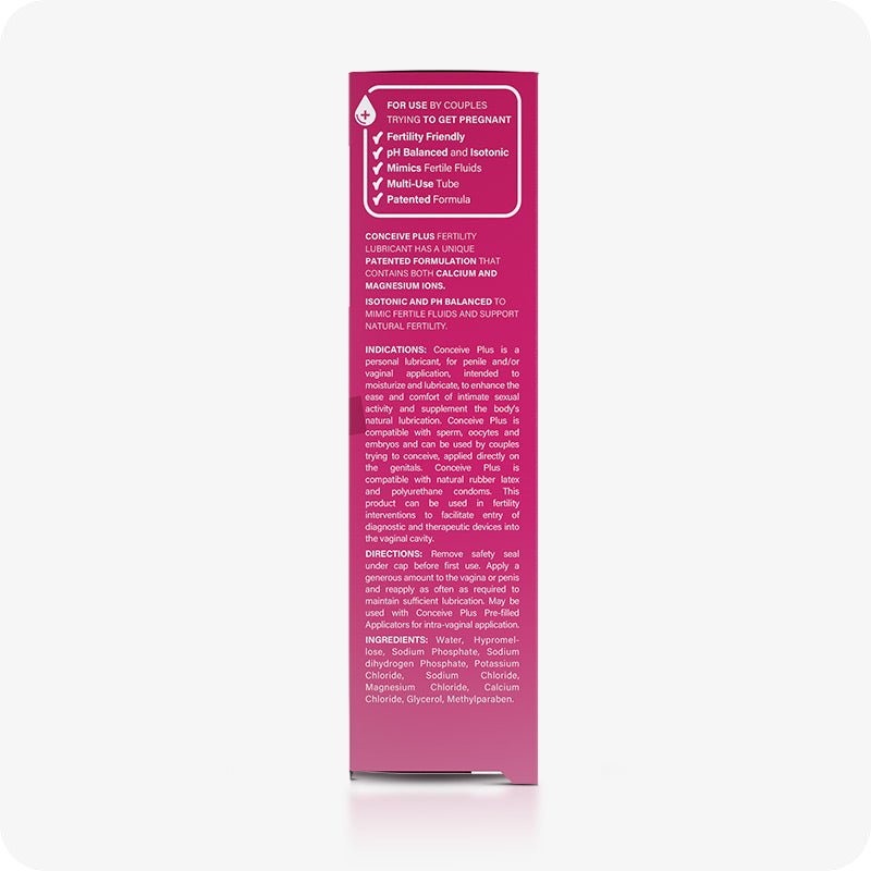 Side view image of Conceive Plus fertility lubricant tube 75ml box on a white background. Pink box has white text and branding with information about benefits of its use, calcium and magnesium ions content, indications and directions of use, and ingredients.