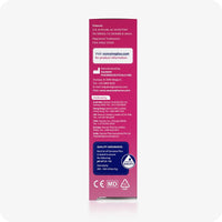 Back view image of Conceive Plus fertility lubricant tube 75ml box on a white background. Pink box has white branding and text with information about patents, company website url, manufacturers, distributors, and quality assurance branding.