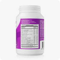 For Conceive Plus Maximum Fertility Support (FR), image of Women Fertility Support bottle displayed from back, featuring a detailed supplement facts panel, nutrient composition, and distributor contact details on a purple label — providing transparency on vitamin and mineral dosages.