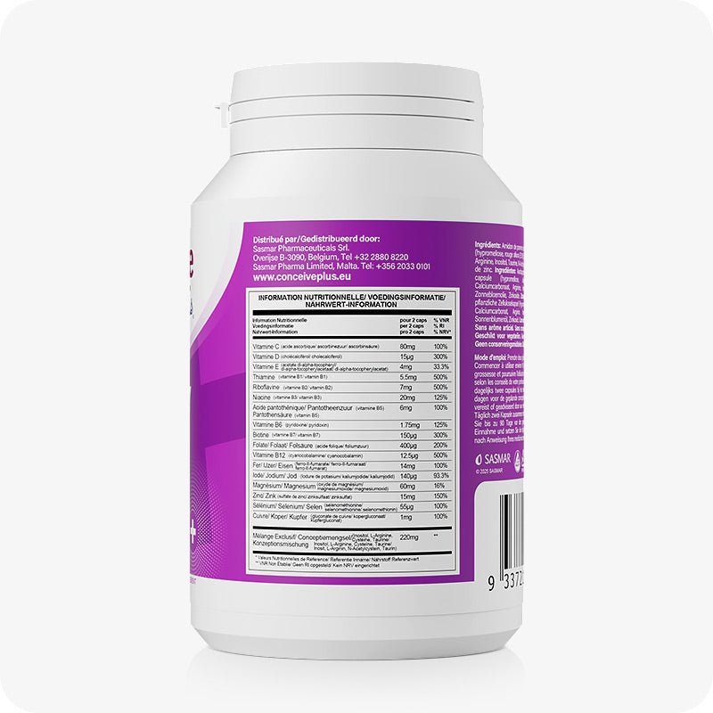 For Conceive Plus Maximum Fertility Support (FR), image of Women Fertility Support bottle displayed from back, featuring a detailed supplement facts panel, nutrient composition, and distributor contact details on a purple label — providing transparency on vitamin and mineral dosages.