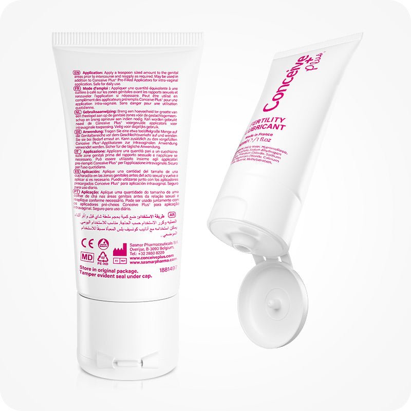 Conceive Plus Men's Fertility Support + Lubricant featuring back and open front of 30ml fertility lubricant tube, featuring multilingual usage directions, manufacturer details, and a tamper-evident cap, displayed against a white background.