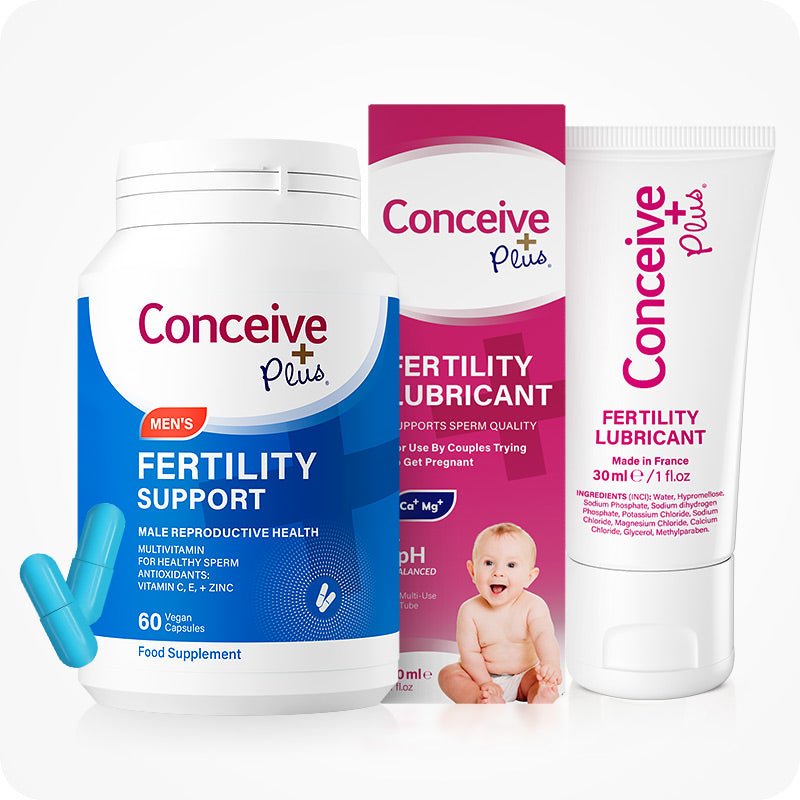 Conceive Plus Men's Fertility Support + Lubricant bundle featuring a 60-capsule blue-labeled Men's Fertility Support bottle and a 30ml fertility lubricant tube with outer box, displayed on a white background with two blue capsules in the foreground.