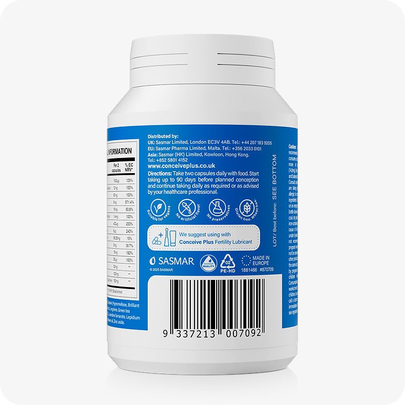 Conceive Plus Men's Fertility Support + Lubricant featuring back view of Men's Fertility Support supplement bottle displaying nutritional information, dosage directions, distribution details, and barcode, set against a clean white background.