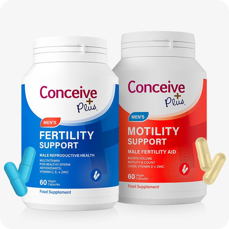 Conceive Plus Motility Pack - Male Fertility + Motility Supplement featuring two bottles—blue-labeled Men's Fertility Support and red-labeled Motility Support—each with 60 vegan capsules, displayed with matching blue and yellow capsules on a white background.