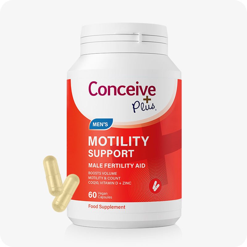 Conceive Plus Motility Pack - Male Fertility + Motility Supplement displaying a red-labeled Men's Motility Support bottle with 60 vegan capsules, accompanied by two light yellow capsules on a clean white background.
