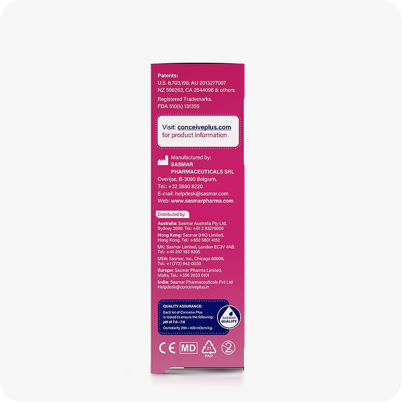 Image of the back of Conceive Plus try me size fertility lubricant applicators 3×4g box on a white background. Pink box has white branding highlighting patents, manufacturers, distributors, company website url, and a quality assurance blue box.