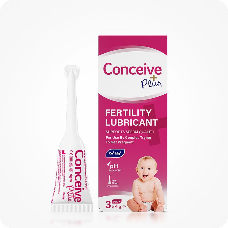 Image of Conceive Plus try me size fertility lubricant applicators 3×4g box and applicator on a white background. White applicator with pink branding is on the left. Pink box with white branding and text is on the right with highlights about sperm quality support, pH balance, calcium and magnesium ions content, pre-filled feature, and quantity of the applicators.