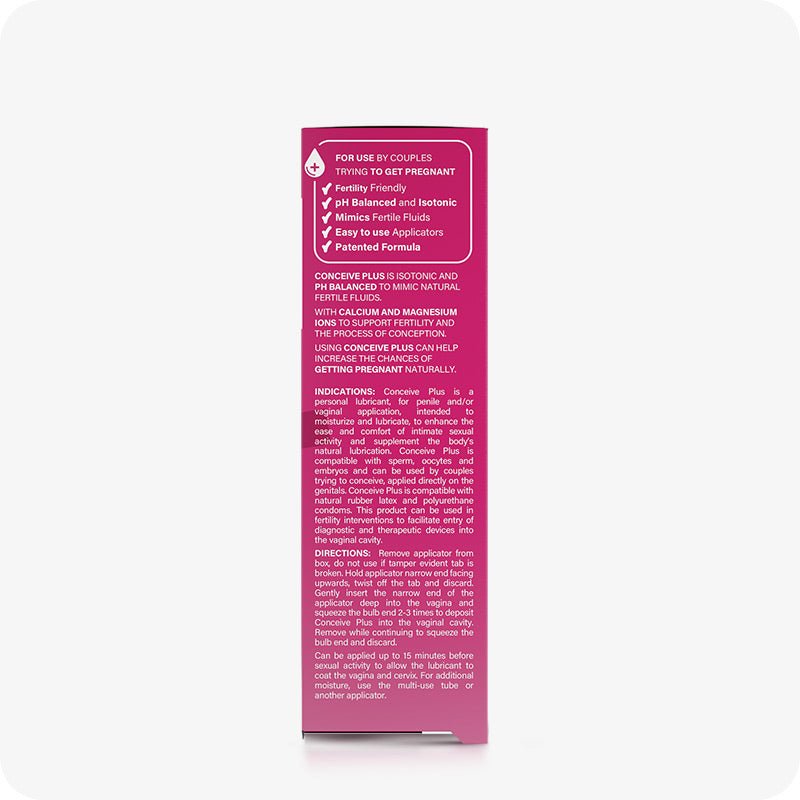 For Conceive Plus Try Me Size Fertility Lubricant Bundle, the image shows side panel of 3x4g pre-filled applicators box, highlighting product benefits like fertility friendly, pH balance, and pre-filled feature. The panel also includes usage directions, ingredients, and fertility-enhancing claims in white text on a pink background.