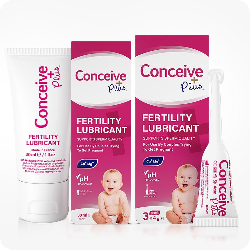 For Conceive Plus Try Me Size Fertility Lubricant Bundle, the image shows a 30ml multi-use tube, one box of 30ml lubricant, one box containing 3 pre-filled applicators, and a single visible applicator. Each item features Conceive Plus branding, pH balanced and sperm quality support claims, arranged against a clean white background with baby imagery.