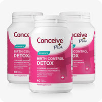 Three bottles of Conceive Plus Birth Control Detox arranged in a triangle layout, each featuring a pink and white label. Product highlights essential vitamins and nutrients to support natural detox after stopping birth control, with 60 vegan capsules per bottle.