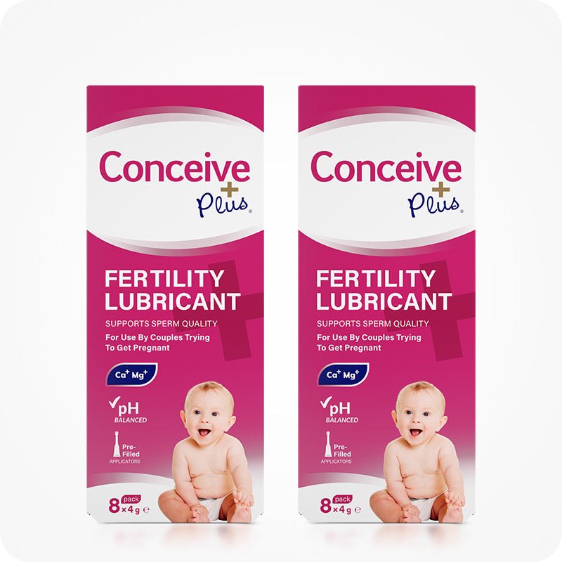 Image of two Conceive Plus fertility lubricant, pre-filled applicators 8×4g boxes placed side by side on a white background. Pink boxes has white branding with highlights about sperm quality support, Ca+ and Mg+ content, pH balance, pre-filled features , and quantity of the applicators.