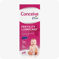 Front view image of Conceive Plus fertility lubricant, pre-filled applicators 8×4g box on a white background. Pink box has white branding with highlights about sperm quality support, Calcium and Magnesium ions content, pH balance, pre-filled feature, and quantity of applicators. Box features a smiling baby on lower right corner.