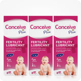 Image of three boxes of Conceive Plus fertility lubricant, pre-filled applicators on a white background. Side by side placed pink boxes has white branding and highlights sperm quality support, pH balance, calcium and magnesium ion content, pre-filled status, and quantity of applicators.