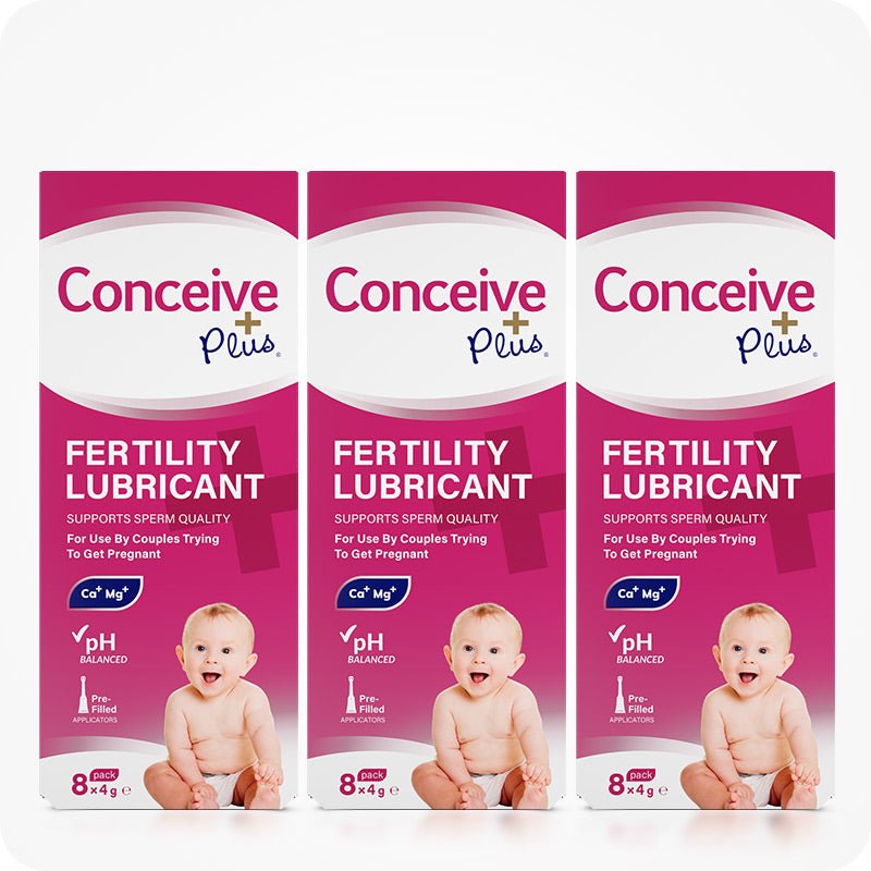 Image of three boxes of Conceive Plus fertility lubricant, pre-filled applicators on a white background. Side by side placed pink boxes has white branding and highlights sperm quality support, pH balance, calcium and magnesium ion content, pre-filled status, and quantity of applicators.