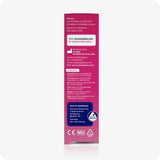 Back view image of Conceive Plus fertility lubricant tube 75ml box on a white background. Pink box has white branding and text with information about patents, company website url, manufacturers, distributors, and quality assurance branding. 