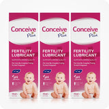 Image of three boxes of Conceive Plus fertility lubricant tube 75ml placed side by side on a white background. Pink boxes with white branding and text have information about sperm quality support, calcium and magnesium content, pH balance, multi-use feature, and quantity of the lube.
