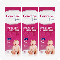 Image of three boxes of Conceive Plus fertility lubricant tube 75ml placed side by side on a white background. Pink boxes with white branding and text have information about sperm quality support, calcium and magnesium content, pH balance, multi-use feature, and quantity of the lube.