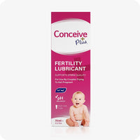 Front view image of Conceive Plus fertility lubricant tube 75ml box on a white background. Pink box has white branding and text with highlights about sperm quality support, pH balance, calcium and magnesium ions content, multi-use feature, and quantity of the lube.