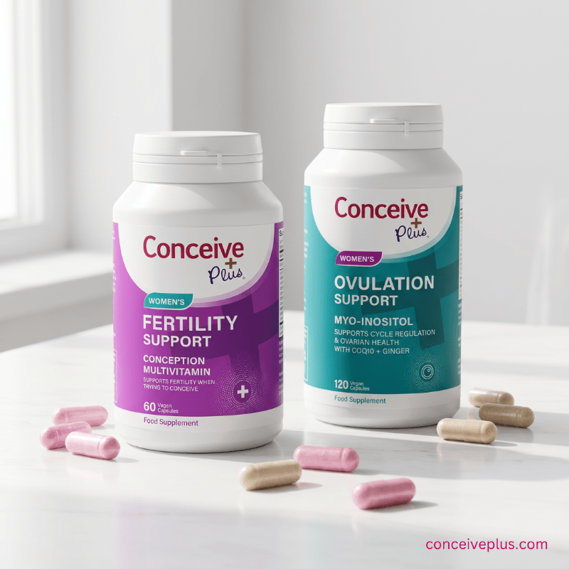 Two Conceive Plus supplement bottles on a white surface with scattered capsules.