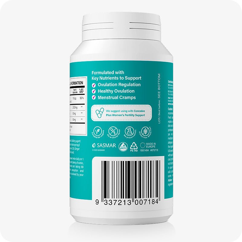 Back label of Conceive Plus Ovulation Support bottle highlighting benefits for ovulation regulation, menstrual cramps, and healthy cycles. Barcode, supplement icons, and brand recommendation for fertility support are also visible.