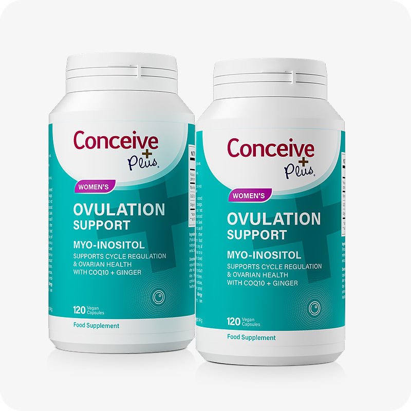 Two bottles of Conceive Plus Ovulation Support with teal and white labels, each containing 120 vegan capsules. Formulated with Myo-Inositol, CoQ10, folic acid, and ginger to support menstrual cycle regulation and ovarian function.